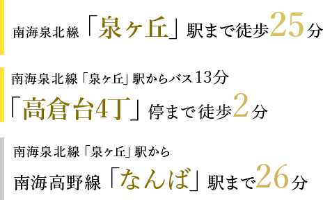南海泉北線「泉ヶ丘」駅まで徒歩25分/バス13分、「高倉台4丁」停まで徒歩2分、「泉ヶ丘」駅から南海高野線「なんば」駅まで26分